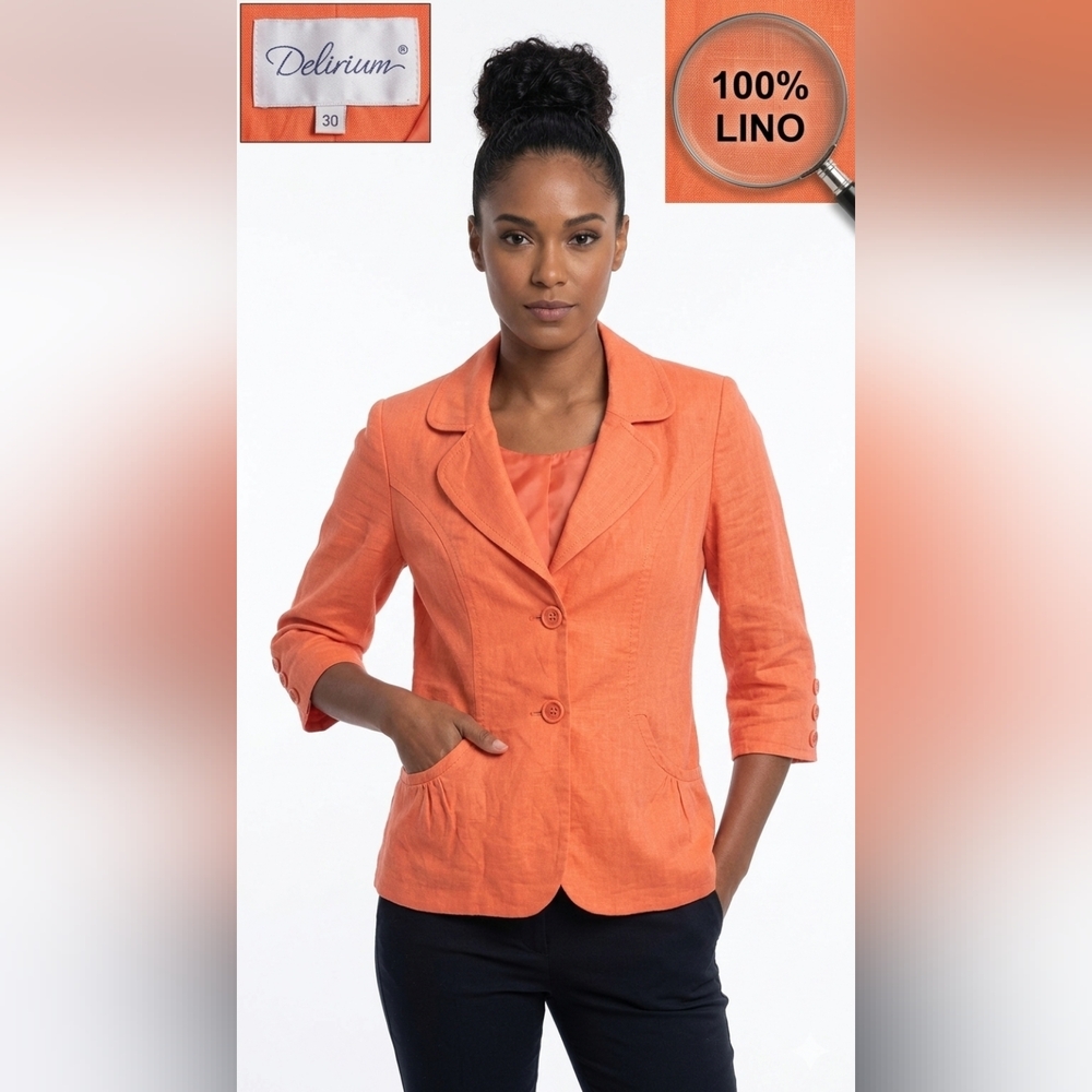 DELIRIUM Coral Orange Linen 3/4 Sleeve Blazer - Picture 1 of 11